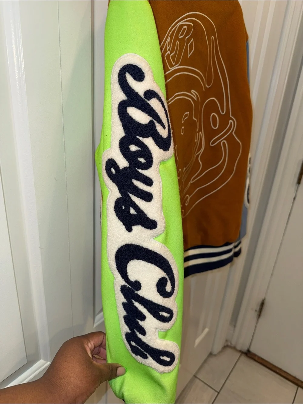 Billionaire Boys Club Brown Varsity Jacket with Light Blue & Neon Green Sleeves